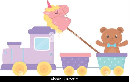 Kinderzone, Zugwagen Teddybär und Einhorn in Stockspielzeug Vektorgrafiken Stock Vektor