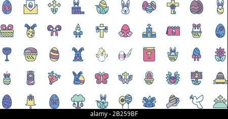 Happy Easters Tagessymbole mit weißem Hintergrund, Linienmuster und farbenfrohem Design, Vektorgrafiken Stock Vektor