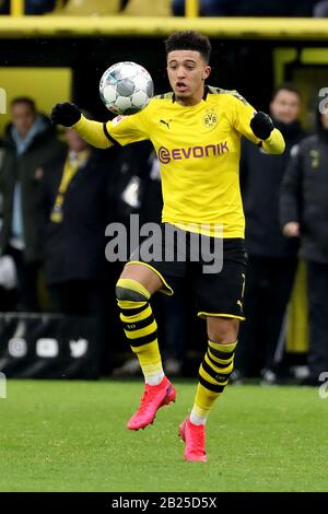 Dortmund, Deutschland. Februar 2020. Jadon Sancho aus Dortmund tritt bei einem deutschen Bundesligaspiel zwischen Borussia Dortmund und dem SC Freiburg in Dortmund am 29. Februar 2020 an. Credit: Joachim Bywaletz/Xinhua/Alamy Live News Stockfoto