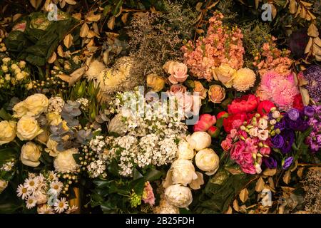 Blumenarrangemarbe aus weißen rosafarbenen Rosen, Gänseblümchen, Blumen und grünem Laub, ideal als Hintergrundtapete Stockfoto