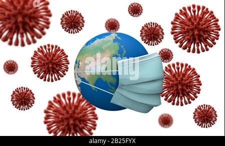 Asiatischer Kontinent mit Schutzmaske bedeckt. Ausbruch des Coronavirus. 3D-Rendering Stockfoto