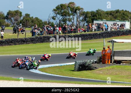 Melbourne, Australien, 1. März 2020. Kawasaki Racing Team Fahrer Jonathan Rea (1) führt während der Motul FIM Superbike Weltmeisterschaft, Phillip Island Circuit, Australien. Credit: Dave Hewison/Alamy Live News Stockfoto