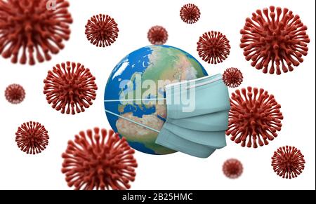 Europäischer Kontinent mit einer Schutzmaske bedeckt. Ausbruch des Coronavirus. 3D-Rendering Stockfoto