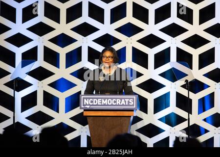 Charlotte, USA. Februar 2020. Berna Rhodes Ford spricht auf der Blue NC-Feier im Hilton Charlotte University Place Hotel am 29. Februar 2020 in Charlotte, North Carolina. Credit: The Photo Access/Alamy Live News Stockfoto