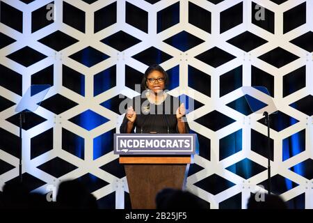 Charlotte, USA. Februar 2020. Berna Rhodes Ford spricht auf der Blue NC-Feier im Hilton Charlotte University Place Hotel am 29. Februar 2020 in Charlotte, North Carolina. Credit: The Photo Access/Alamy Live News Stockfoto