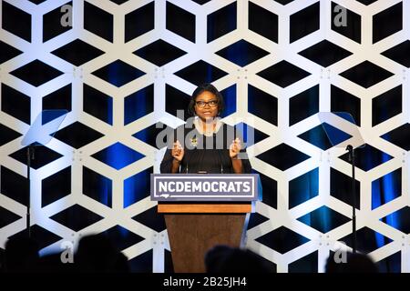 Charlotte, USA. Februar 2020. Berna Rhodes Ford spricht auf der Blue NC-Feier im Hilton Charlotte University Place Hotel am 29. Februar 2020 in Charlotte, North Carolina. Credit: The Photo Access/Alamy Live News Stockfoto