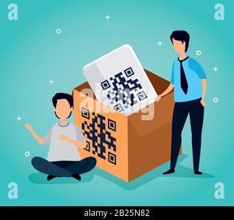 Codieren sie qr im Karton mit Geschäftsleuten und Symbolen Stock Vektor
