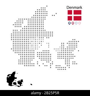 Karte des dänischen Vektors gepunktet, mit Flagge und Kartenmarkierung. Schwarze Grafik der Vektorsilhouette. Webdesign, Tapete, Flyer, Filmmaterial, Poster, Brochur Stock Vektor