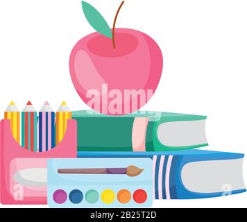 Zurück zur Schule apple Bücher Bleistifte Farbe und Aquarell Palette Cartoon Vektor Illustration Stock Vektor