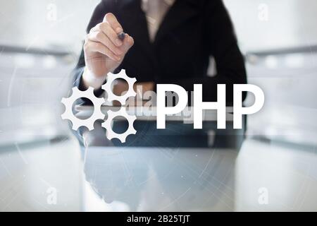 PHP, Webentwicklungskonzept auf virtuellem Bildschirm Stockfoto