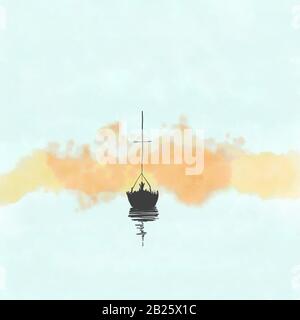 Digital erstelltes abstraktes Aquarell in Pastellfarben des Segelbootes auf einem nebligen See für den Einsatz als Hintergrund Stockfoto