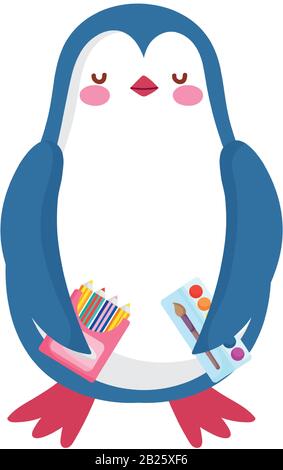 Zurück zur Schule, pinguinapfel auf Büchern Bleistiftfarbe Vektor-Illustration im Freien Stock Vektor