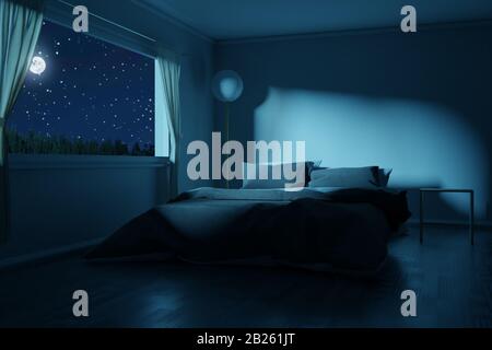 3D-Rendering des Schlafzimmers mit einem Bett in der Vollmondnacht Stockfoto