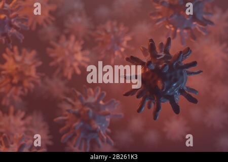 3D-Rendering von Coronavirus. Nahaufnahme der Mikroskopvirenzellen Stockfoto