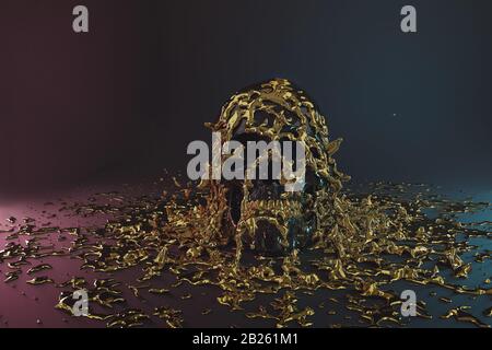 3D-Rendering von schwarz gefärbtem Schädel mit goldenen Zähnen und übergossen mit goldener Flüssigkeit Stockfoto