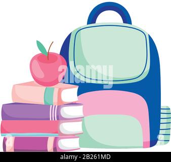 Zurück zur Schule gestapelte Bücher apfel- und Rucksack-Cartoon-Vektorgrafiken Stock Vektor