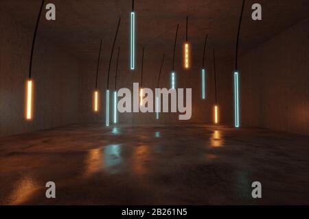 3D-Rendering des Betons mit leerem Raumhintergrund mit beleuchteten, hängenden Cyan- und orangefarbenen LED-Panels Stockfoto