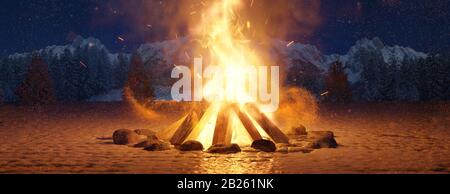 3D-Rendering von Großfeuer mit Funken und Partikeln auf schneebedecktem Boden Stockfoto