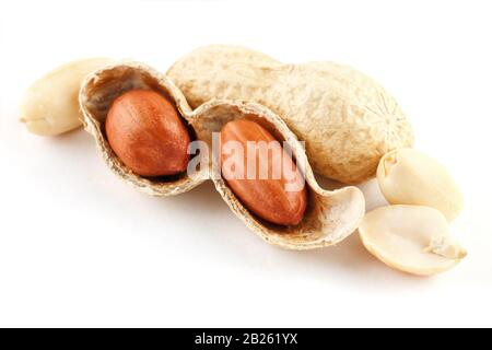 Erdnüsse schließen sich in der Schale und schälten sich auf einem weißen Hintergrund. Wachsendes Protein, Bohnen zum Kochen von Erdnüssen und Erdnussbutter Stockfoto