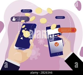 Mobiler Geldtransfer mit App. Online-Banking, Vector Hold Phone Transfer Pay, einfache intelligente und schnelle Zahlung mit Gadget-Illustration, kontaktloses Verbot Stock Vektor