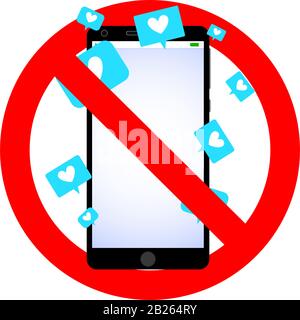 Kein Symbol für soziale Medien, wie und Herzverbot. Verbotene virtuelle Geständnisse, Verbot von sozialen Medien, verboten und Vorsicht wie süchtig. Vektorgrafiken Stock Vektor
