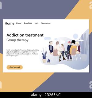 Suchtbehandlung, Landing Page Gruppentherapie. Psychotherapiesitzung für Suchtkranke, Gruppenberatung, Arzt medizinisch bei Patienten Stock Vektor