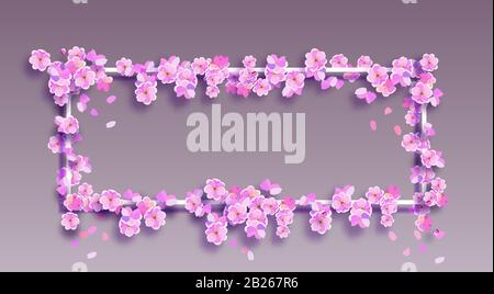 Sakura auf weißem Rahmen und verlaufsem Hintergrund. Platz für Werbung, Ankündigung. Kirschzweige mit zarten rosafarbenen Blumen und Knospen. Vektor il Stock Vektor