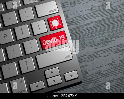 Tastatur-Taste, Coronavirus Suche im Internet, Internet Kovid-19 Suche. Neuigkeiten im Internet. 3D-Rendering Stockfoto