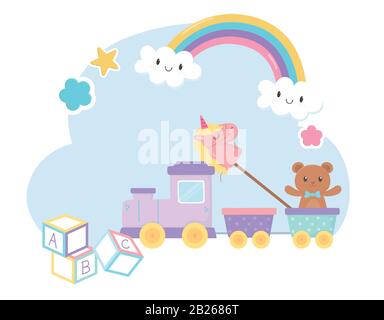 Kinderzone, Eisenbahnwaggons Alphabet blockiert Teddybär und Einhorn in Vektorgrafiken von Stockspielzeugen Stock Vektor