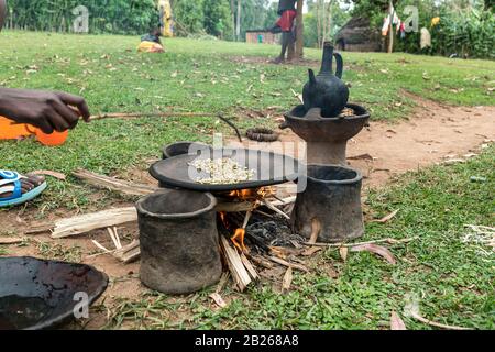 Braten von grünen, unreifen Kaffeebohnen auf einer flachen Pfanne in einem Dorf im Süden Äthiopiens Stockfoto