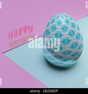 Grünes Muster ostereier auf Farbpapier mit Text. 3D-Abbildung. Stockfoto