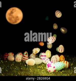 Gruppe bunter ostereier levitieren und auf Gras legen mit Unschärfe von Vollmond auf schwarzem Backgrpund. 3D-Abbildung. Stockfoto