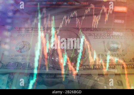 Die Charts von Finanzinstrumenten mit verschiedenen Arten von Indikatoren wie Volume Analysis für professionelle technische Analyse auf dem Monitor einer Komp Stockfoto