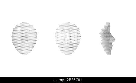 3D-Rendering eines künstlichen Gesichts aus künstlicher Intelligenz aus Metall. Stockfoto