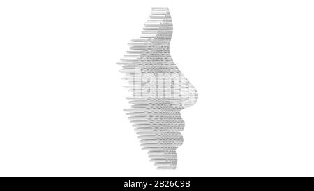3D-Rendering eines künstlichen Gesichts aus künstlicher Intelligenz aus Metall. Stockfoto