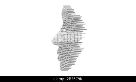3D-Rendering eines künstlichen Gesichts aus künstlicher Intelligenz aus Metall. Stockfoto