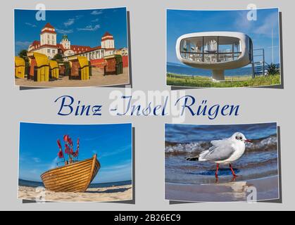 Vier verschiedene gebogene Fotografien, grauer Hintergrund mit der Aufschrift Binz-Insel Rügen (Binz-Insel Rügen), Mecklenburg-Vorpommern, Deutschland, Europa Stockfoto