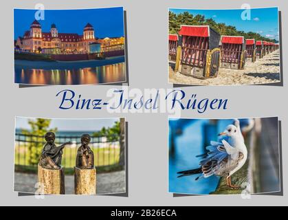 Vier verschiedene gebogene Fotografien, grauer Hintergrund mit der Aufschrift Binz-Insel Rügen (Binz-Insel Rügen), Mecklenburg-Vorpommern, Deutschland, Europa Stockfoto