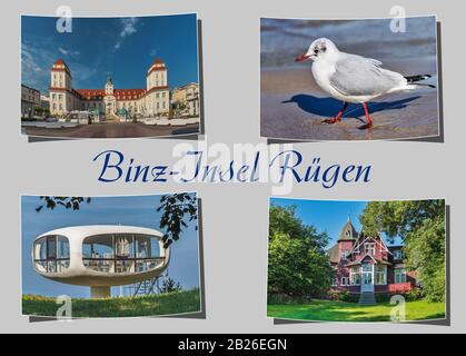 Vier verschiedene gebogene Fotografien, grauer Hintergrund mit der Aufschrift Binz-Insel Rügen (Binz-Insel Rügen), Mecklenburg-Vorpommern, Deutschland, Europa Stockfoto