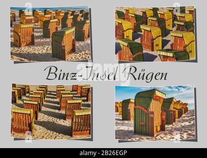 Vier verschiedene gebogene Fotografien, grauer Hintergrund mit der Aufschrift Binz-Insel Rügen (Binz-Insel Rügen), Mecklenburg-Vorpommern, Deutschland, Europa Stockfoto