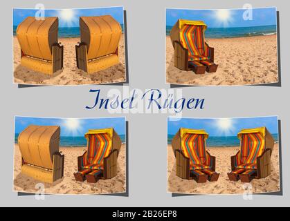 Vier verschiedene gebogene Fotografien, grauer Hintergrund mit der Aufschrift Insel Rügen (Insel Rügen), Mecklenburg-Vorpommern, Deutschland, Europa Stockfoto