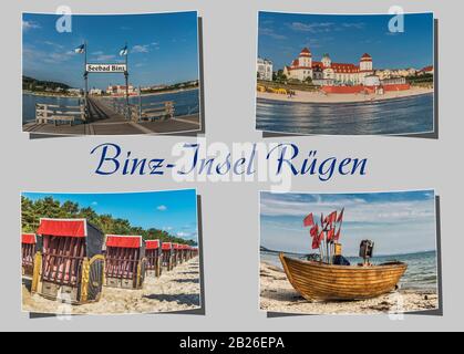 Vier verschiedene gebogene Fotografien, grauer Hintergrund mit der Aufschrift Binz-Insel Rügen (Binz-Insel Rügen), Mecklenburg-Vorpommern, Deutschland, Europa Stockfoto