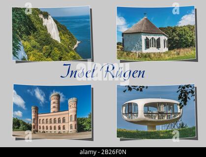 Vier verschiedene gebogene Fotografien, grauer Hintergrund mit der Aufschrift Insel Rügen (Insel Rügen), Mecklenburg-Vorpommern, Deutschland, Europa Stockfoto