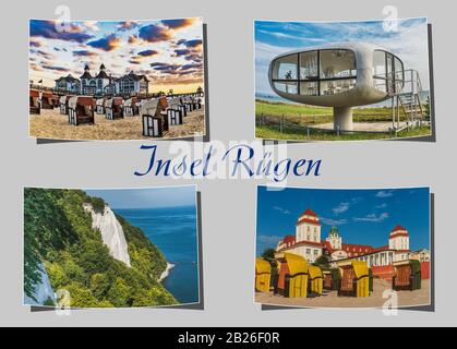 Vier verschiedene gebogene Fotografien, grauer Hintergrund mit der Aufschrift Insel Rügen (Insel Rügen), Mecklenburg-Vorpommern, Deutschland, Europa Stockfoto