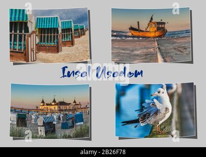 Vier verschiedene geschwungene Fotografien auf grauem Hintergrund mit der Aufschrift Insel Usedom (Insel Usedom), Mecklenburg-Vorpommern, Deutschland, Europa Stockfoto