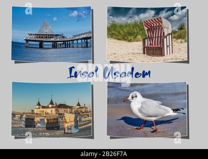 Vier verschiedene geschwungene Fotografien auf grauem Hintergrund mit der Aufschrift Insel Usedom (Insel Usedom), Mecklenburg-Vorpommern, Deutschland, Europa Stockfoto