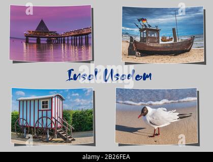 Vier verschiedene geschwungene Fotografien auf grauem Hintergrund mit der Aufschrift Insel Usedom (Insel Usedom), Mecklenburg-Vorpommern, Deutschland, Europa Stockfoto