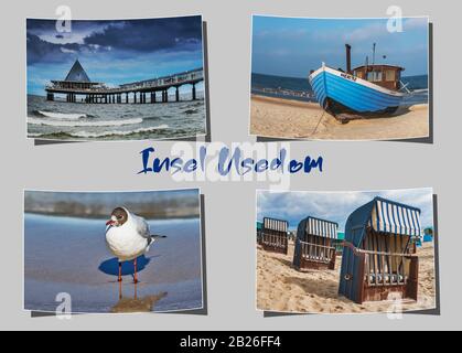 Vier verschiedene geschwungene Fotografien auf grauem Hintergrund mit der Aufschrift Insel Usedom (Insel Usedom), Mecklenburg-Vorpommern, Deutschland, Europa Stockfoto