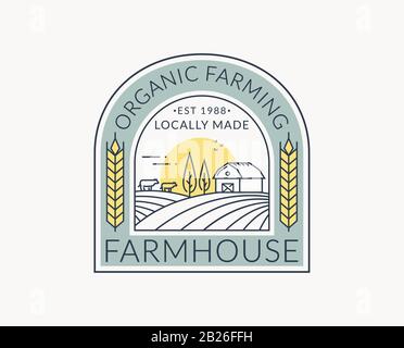 Farm-Logo isoliert auf weißem Hintergrund. Linie Emblem mit Bauernhaus, Kühe und Weizenohr. Farbiger Umriss-Badge für Naturprodukte und Bio-Lebensmittel. Stock Vektor