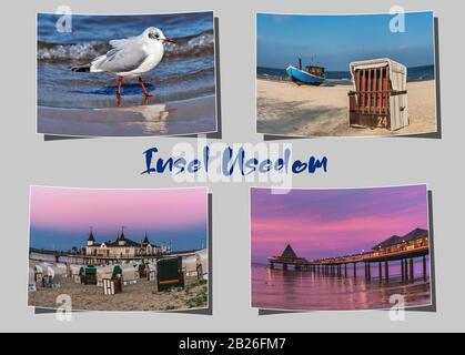 Vier verschiedene geschwungene Fotografien auf grauem Hintergrund mit der Aufschrift Insel Usedom (Insel Usedom), Mecklenburg-Vorpommern, Deutschland, Europa Stockfoto